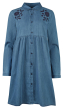 Frugi Mila chambray long sleeve shirt dress with navy embroidered flowers on the shoulders