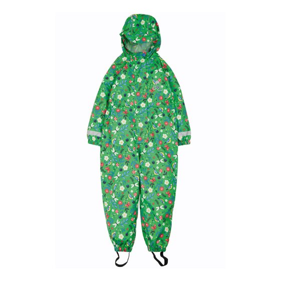 Frugi childrens hedgerow rain or shine waterproof suit on a white background