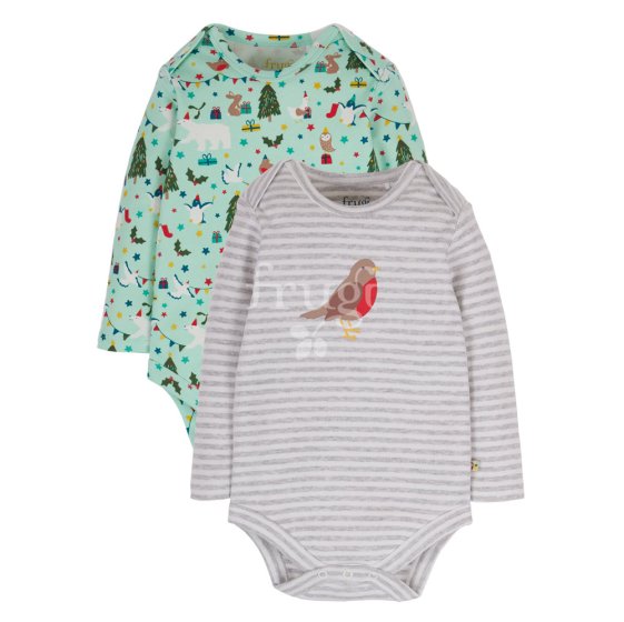 Frugi eco-friendly arctic aqua lets party baby bodysuits 2 pack laid out on a white background