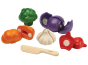 The PlanToys 5 Coloured Veggies play food set includes a red cabbage, broccoli, garlic bulb, red pepper and pumpkin with a wooden knife. White background.