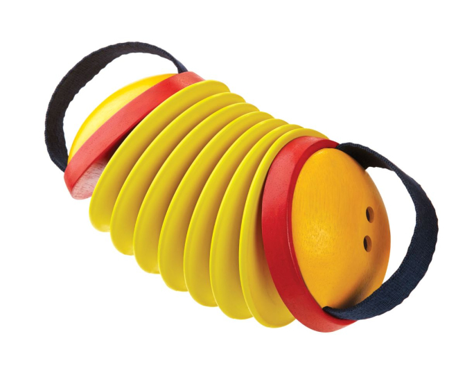 The Plan Toys Concertina is a red and yellow kids toy musical instrument. White background.