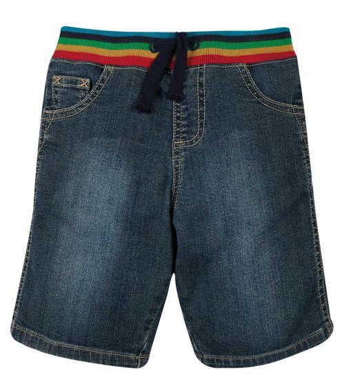 Frugi dorian denim shorts with elasticated rainbow waist drawstring