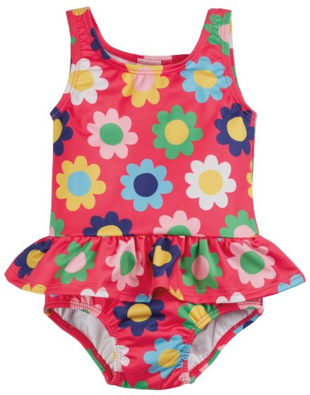 watermelon pink nappy swimsuit with the floral print from frugi