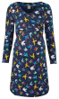Frugi maternity and nursing long sleeve navy dress with rainbow birds print