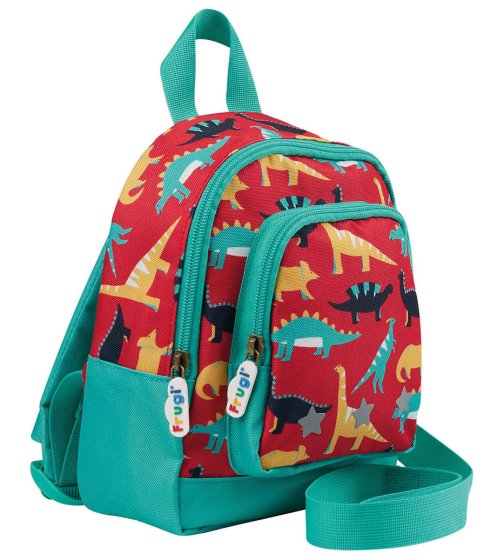 red and teal little adventurers backpack with dinos print from frugi