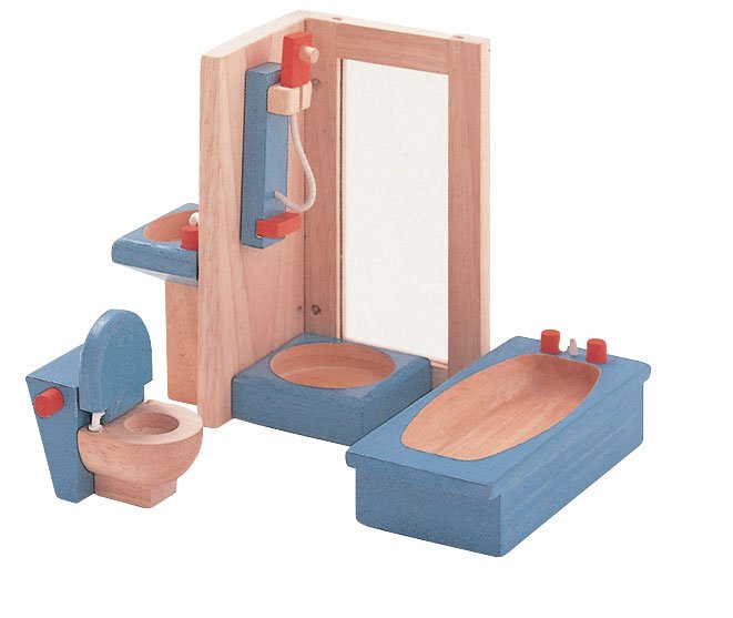 Plan Toys Wooden Dolls House Bathroom kit - Neo. Plan Toys Bathroom Set, including a wooden bath, shower, sink and toilet set - made from sustainable rubber wood and decorated with blue details.
