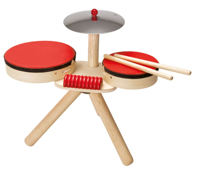 Plan Toys Musical Band Children's Drum Kit, an eco-friendly and plastic-free wooden drum kit for toddler's on a white background.