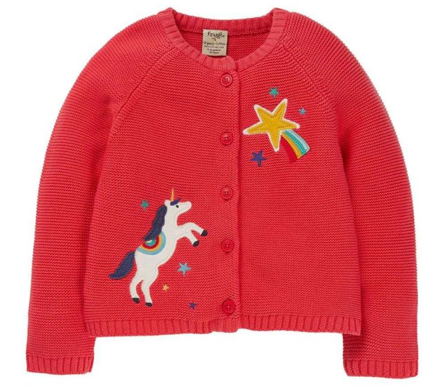 pink organic cotton knitted cardigan for babies and children with a unicorn and shooting star appliques either side of the cardi, and fully buttoned down the front from frugi