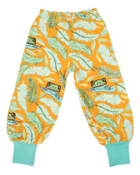 Organic cotton children baggy pants with tree frog and leafy foliage print on orange from DUNS