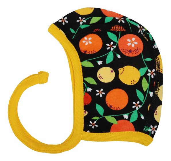 organic cotton baby bonnet in citrus print on a black background with a contrasting warm yellow trim and straps from duns  