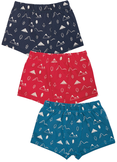 Frugi GOTS organic cotton 3 pack Sean boxers in navy, bkue and red with white mountains printed on