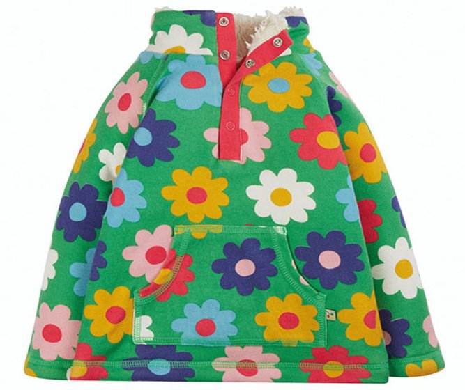 snuggle fleece with poppet placket and big front pocket with bright flower print on the green background from frugi