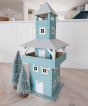 A beautifully painted WALACHIA Tower painted in blue with white windows frames, doors and roof. Each wooden block as been carefully painted and glued together to create a magnificent Tower ready for play