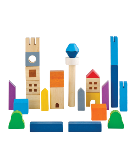 The PlanToys Cityscape Blocks. A set of 27 wooden blocks for creative, open-ended play.
