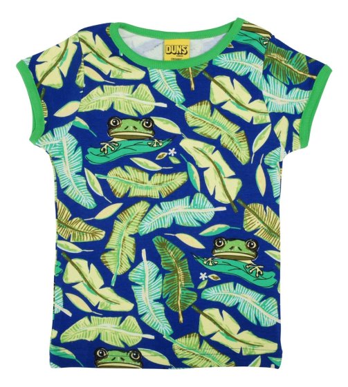 Organic cotton children short sleeve top with tree frog and leafy foliage print on blue from DUNS.