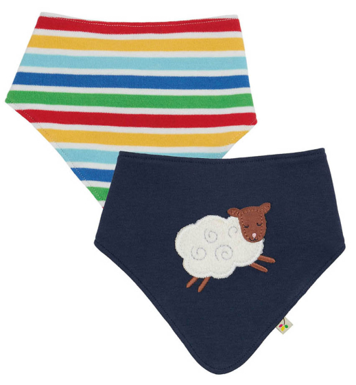 two pack gurgle bibs from frugi, one is with rainbow stripes and another is indigo with the sheep applique