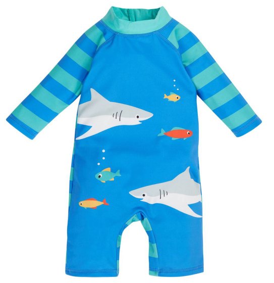 blue sun-safe suit for babies and toddlers with a fun shark and fish in the centre, blue and aqua stripe printed raglan sleeves and a zip up the back from frugi