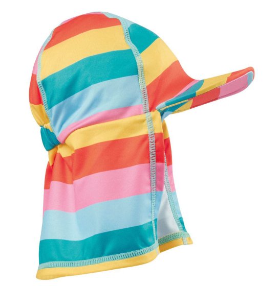 sun safe leggionaire hat for babies with alternating teal, light blue, pink, orange and yellow stripes from frugi