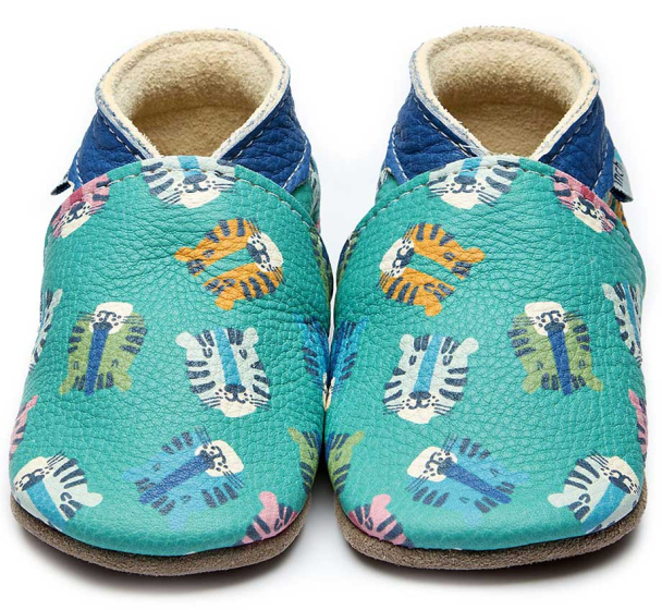 Inch Blue Baby Leather Shoes, blue and turquoise with illustrated tigers