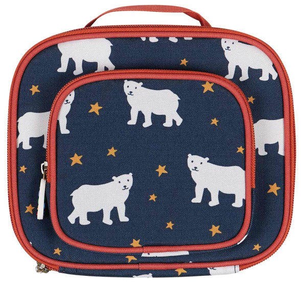 Frugi navy Pack a Snack lunch bag with prints of polar bears and stars all over with red detailing