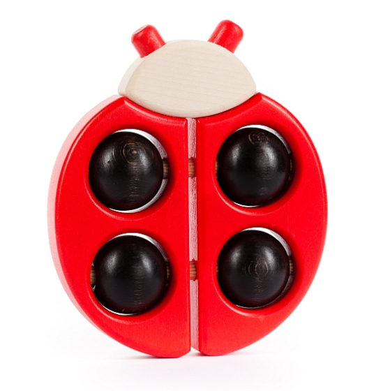 The Bajo Red Ladybird Teether is brightly painted red with black spheres on the body, this is instantly recognisable as a ladybird.