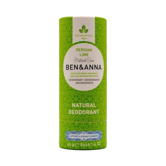 Ben & Anna eco-friendly 40g paper deodorant stick in the persian lime scent on a white background
