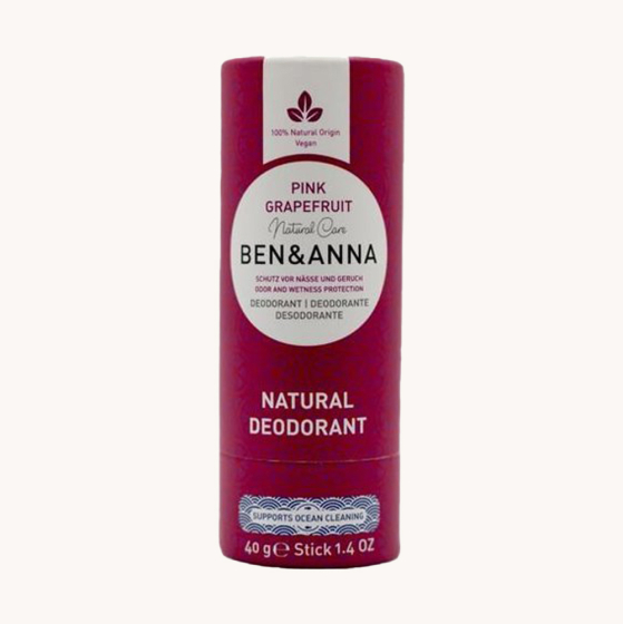 Ben & Anna eco-friendly 40g paper deodorant stick in the pink grapefruit scent on a cream background