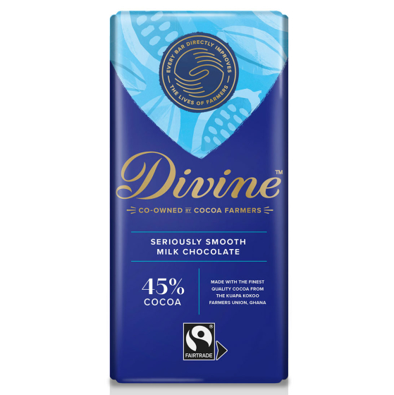 Divine Fairtrade 45% Milk Chocolate Bar 90g in packaging pictured on  a plain white background