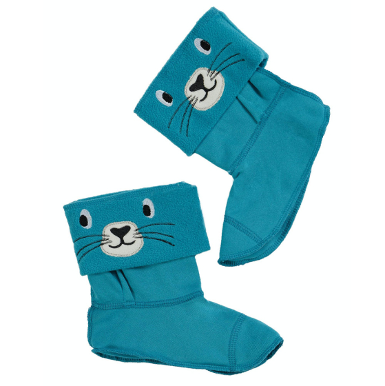 Frugi eco-friendly tobermory teal seal kids welly warmers on a white background
