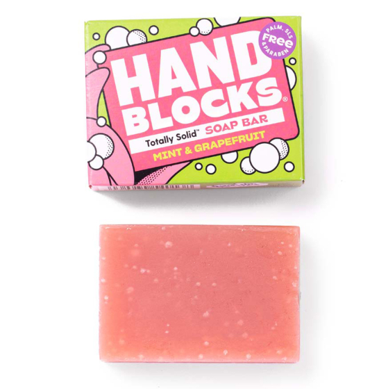 Shower Blocks, Hand Blocks Soap Bar and Box in Mint and Grapefruit on a white background