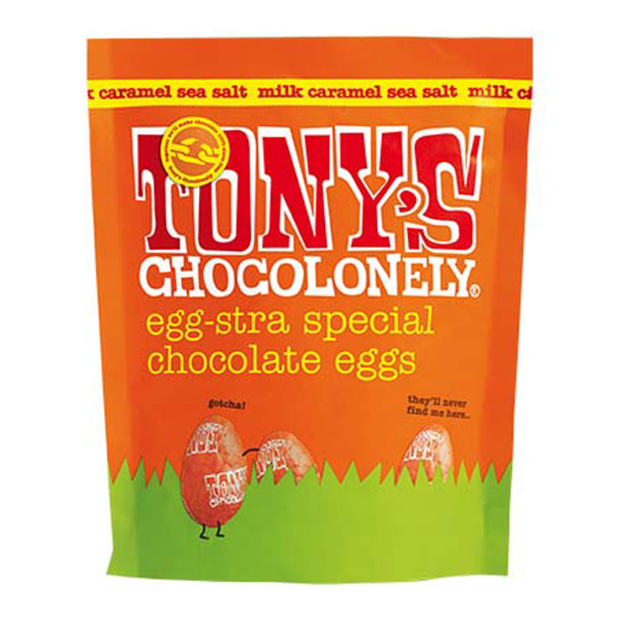 Tony's chocolonely fairtrade milk chocolate caramel sea salt mini easter eggs pouch on a white background