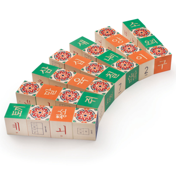 Uncle Goose wooden Korean language blocks laid out in a fan shape on a white background