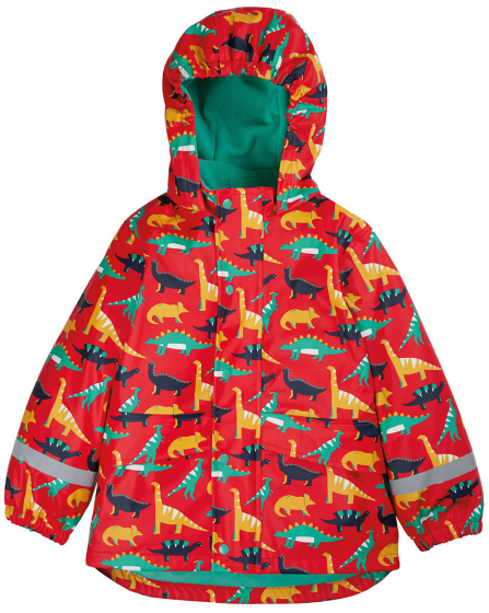 red hooded puddle buster coat with teal lining, dinos print and reflective stripes on the sleeves from frugi
