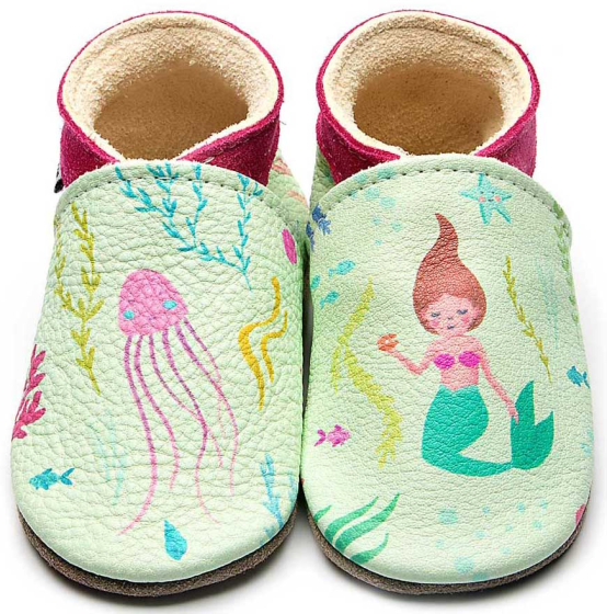 Inch Blue Leather baby shoes Mermaid, green and pink with painted mermaids and jellyfish