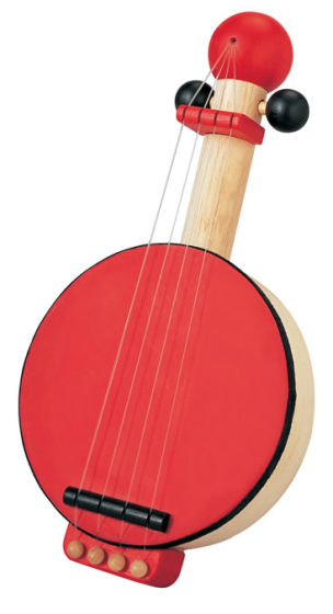 Plan Toys Wooden Toy Banjo, a plastic-free wooden toy string instrument for children on a white background