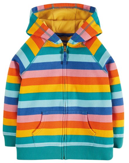 This Frugi Rainbow Stripe Dorothy zip-up Hoody is an organic cotton, ultra soft hoody for toddlers and children in colourful pink rainbow stripes.
