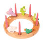 Grimm's 12-Hole Natural Wooden Celebration Ring with pink candles and springtime decorative figures