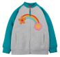 Dahlia Skies Lamorna zip through organic cotton children's bomber style jacket with raglan sleeves and handy pockets on each side from frugi, this jacket has got light grey body, teal sleeves and colourful flower and rainbow applique 