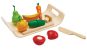 The PlanToys Assorted Fruit & Vegetables Tray play food set including orange, apple, pear, carrot, lemon, cucumber, banana and mushroom, a wooden play knife and tray to hold them. White background.
