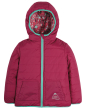 Frugi toasty trail childrens reversible jacket plain bright pink hooded jacket with Frugi reflective logo on pocket and aqua zip detailing