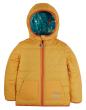 Frugi reversible toasty trail jacket in bumblebee yellow with a red zip and Frugi reflective logo on pocket