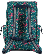 Frugi Trail blazing backpack in forest green with all over floral and horseprint with reflective shoulder straps and navy handle and clasp details