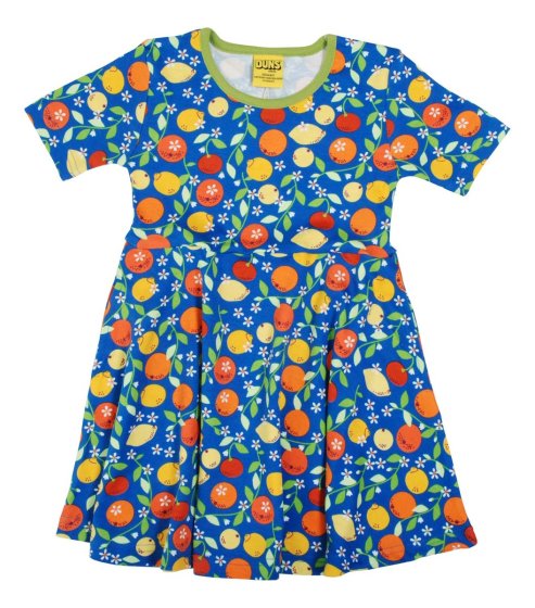 Organic cotton children short sleeve skater dress with fresh and zesty citrus print on blue from DUNS