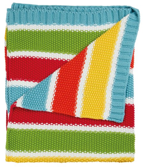 knitted blanket with blue, red, green, white and yellow stripes from frugi