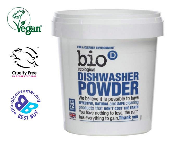 Bio-D eco-friendly vegan dishwasher powder on a white background