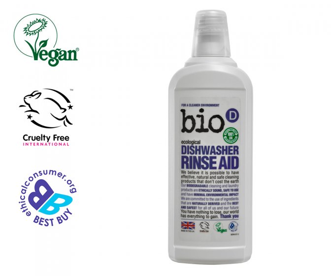 Bio-D eco-friendly vegan dishwasher rinse aid fluid on a white background