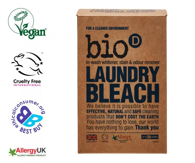 Bio D eco-friendly vegan sanitising laundry bleach box on a white background