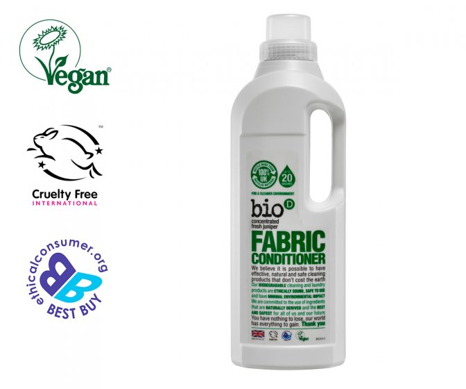 Bio D eco-friendly vegan juniper fabric conditioner bottle on a white background