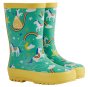 waterproof puddle buster wellies for children featuring magical unicorns, rainbows and stars on aqua with yellow contrasts from frugi