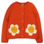 deep orange organic cotton knitted cardigan for babies and children with two cheerful white daisy flower appliques with fun interactive pockets in their centres from frugi